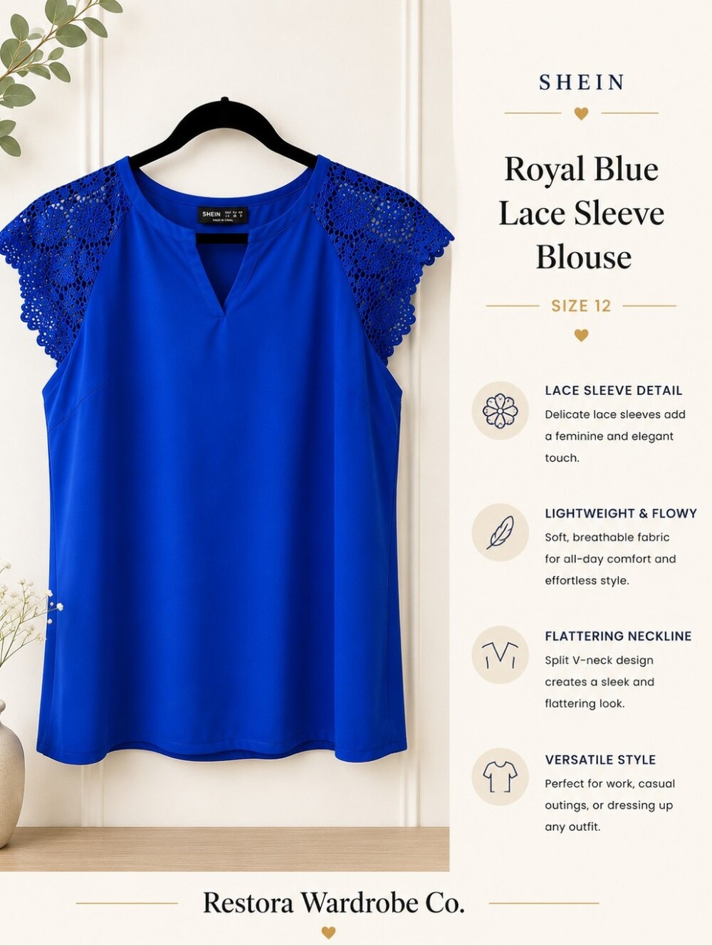 Royal Blue Lace Sleeve Blouse Size 12 SHEIN